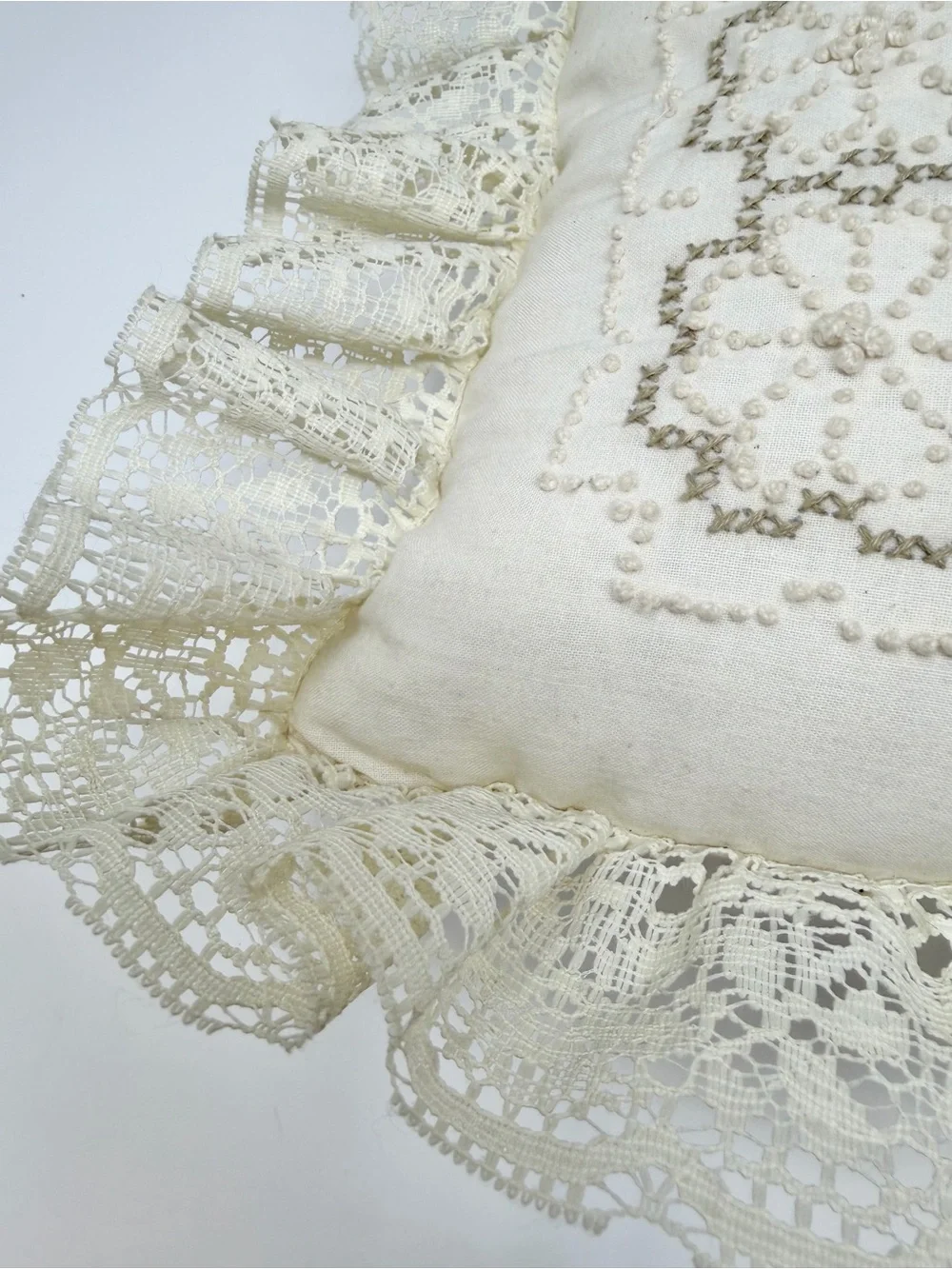 Vintage ‘Home Sweet Home' Candlewick Pillow Lace Ruffle Pillow - Cream